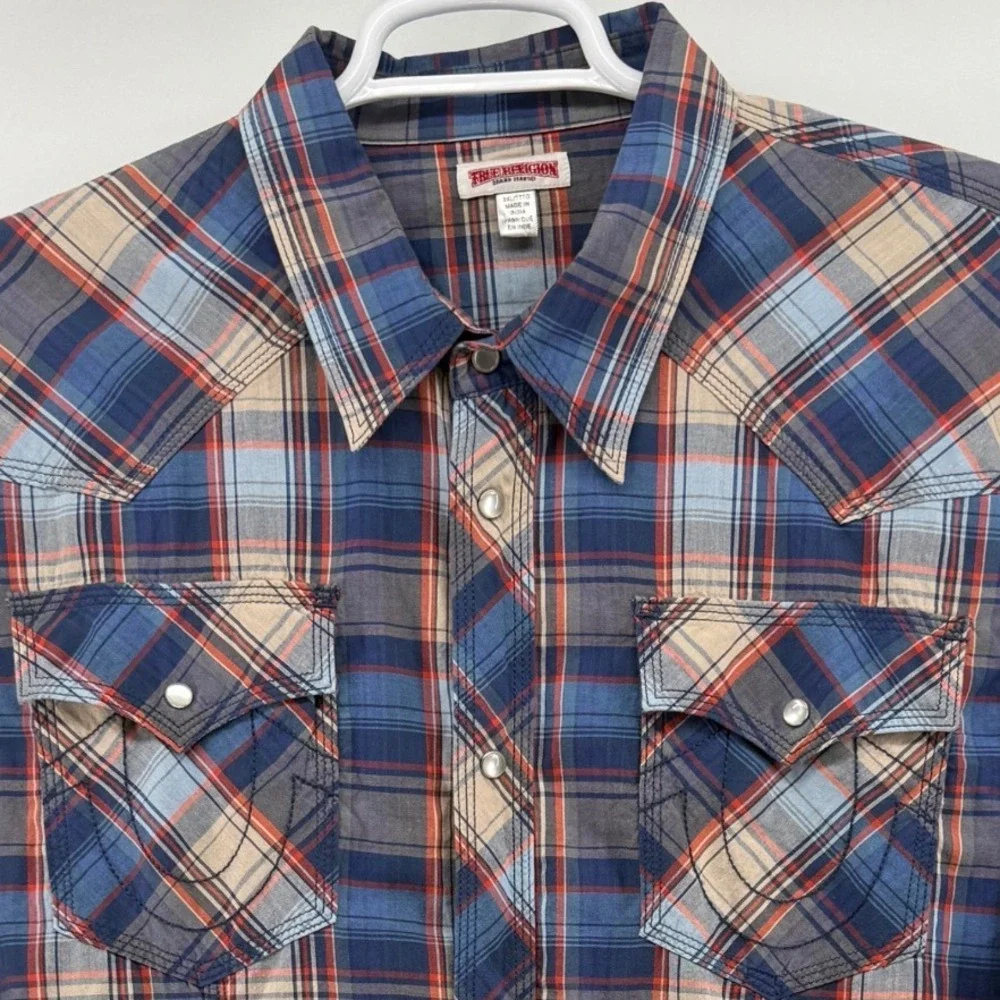 True Religion Mens 3XL Plaid Western Pearl‎ Snap Long Sleeve Shirt Blue Orange